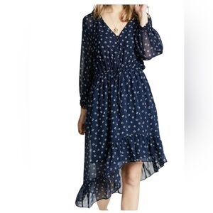 Joie Alithea Silk Floral Asymmetric Ruffle Hem Midi Ruched Dress Medium Blue